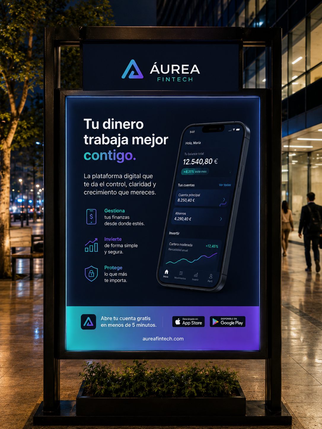 Mupi iluminado de fintech en la calle — trabajo artesanal de BullBoard